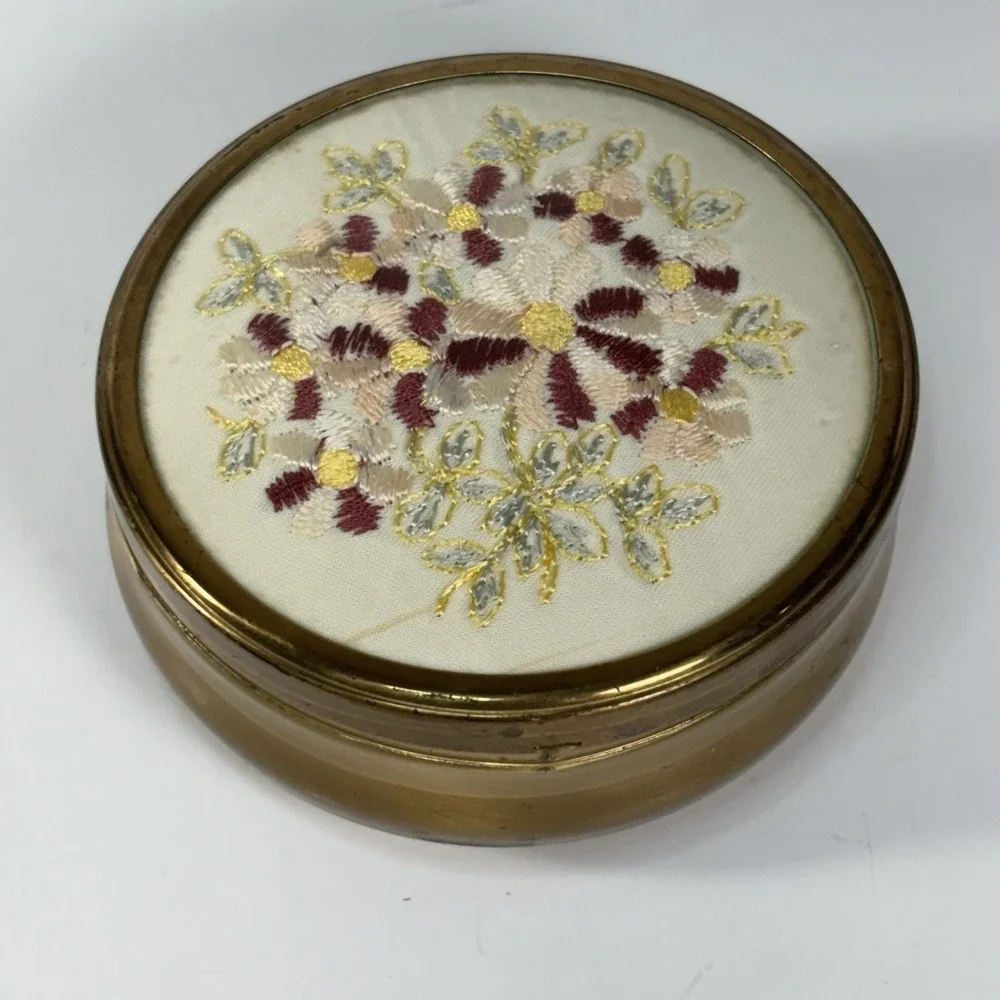 Vtg Floral Embroidered Gold trinket Box Petit Point Cottagecore Coquette